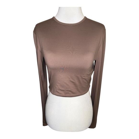 Naked Wardrobe Brown Long Sleeve Crop Top Stretch Casual Basic Large NWT - Picture 1 of 8